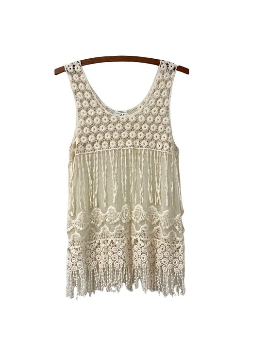 En Creme Tops - En Creme Cream Crochet Festival Mesh Embroidered Floral Tank Size Medium